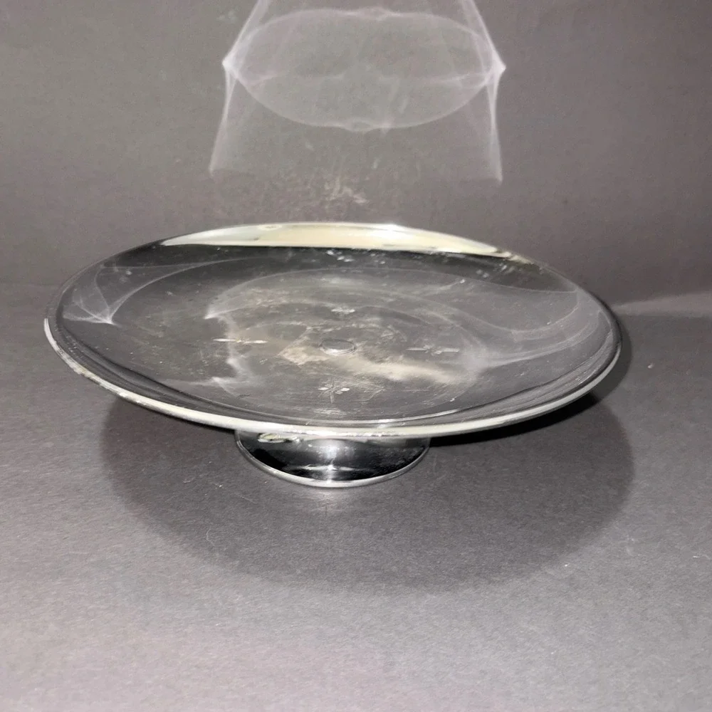 Vtg Mid Century Modern Atomic Starburst Chrome Pedestal Cake Stand Silverplate
